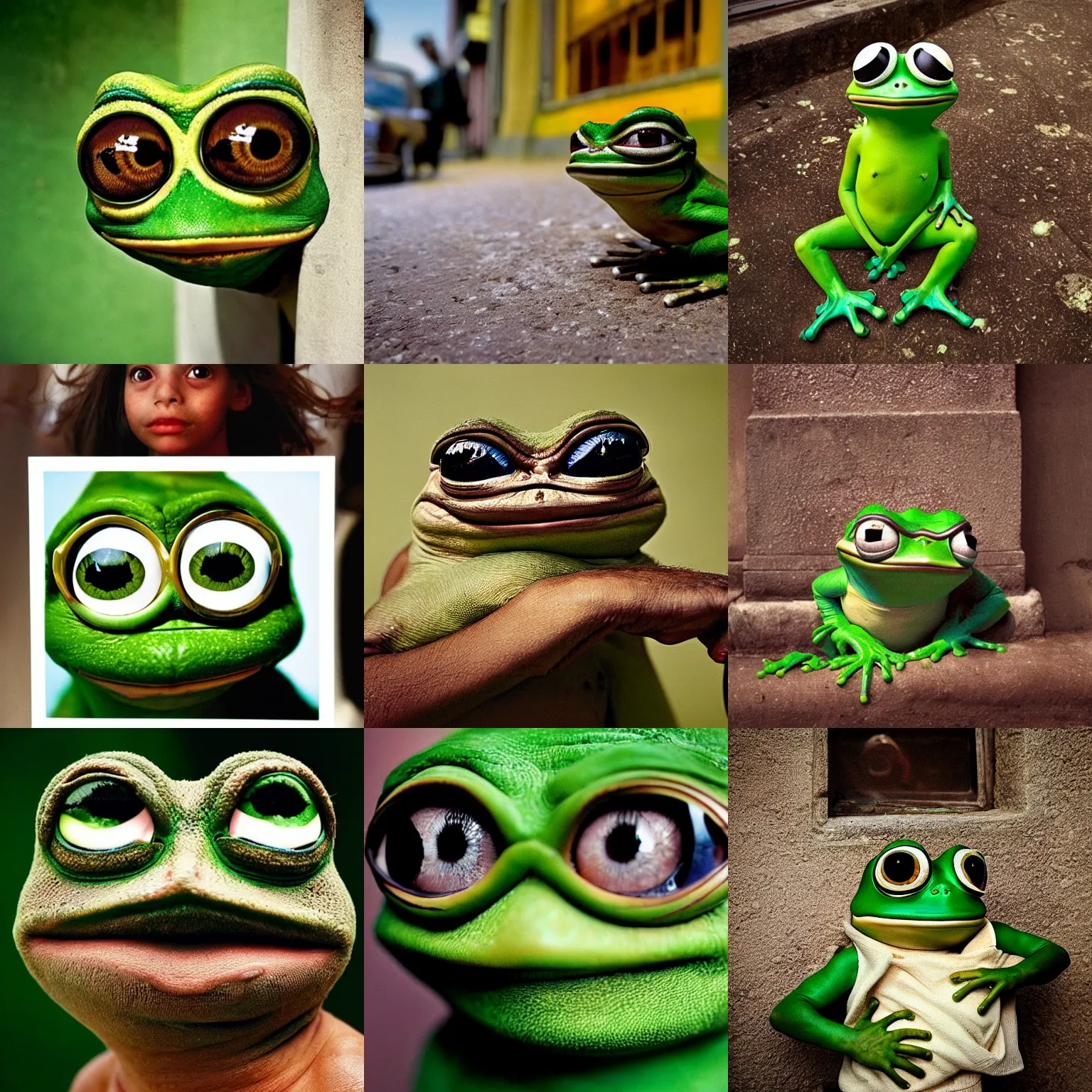 Prompt: stunning photo of pepe the frog by Steve McCurry