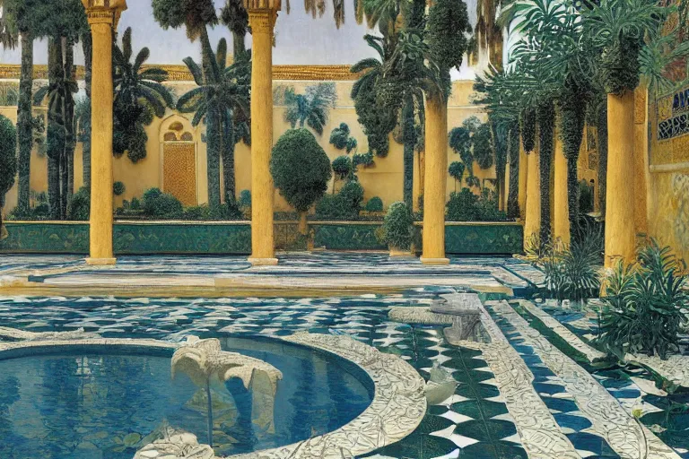 Image similar to painting of a beautiful moorish palace courtyard garden, by arkady rylov and maxfield parrish, patterned tilework, palm trees, tiled fountains, extremely detailed, cinematic lighting, smooth sharp focus