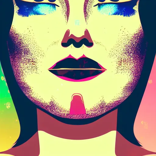 Image similar to a woman with a tatoo of semi colon on her face, in retro colors, synthwave style, 2 d digital vector art