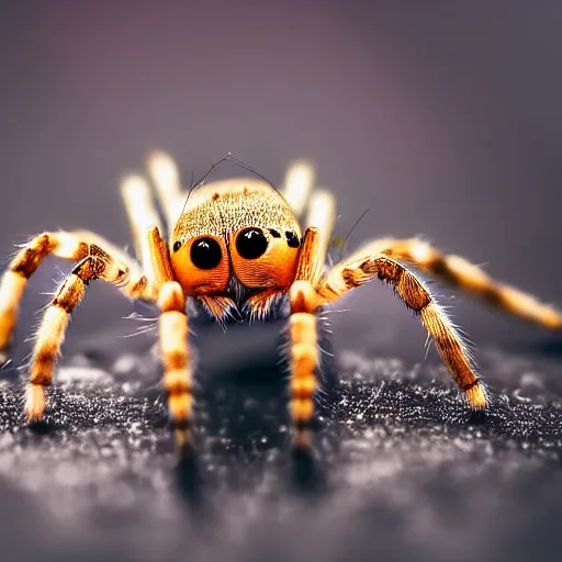 Prompt: a photo of a spider with only 1 eye, background white, camera reflection is visible on spider's eye , 4K, close-up shoot, dramatic lighting