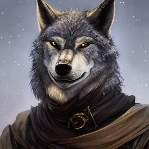 Image similar to 3/4 headshot of cute anthro wolf man, D&D, handsome, fantasy, intricate, long snout, donkey ears, fursona, black hair, elegant, highly detailed, digital painting, artstation, concept art, smooth, sharp focus, illustration, art by artgerm and greg rutkowski and alphonse mucha