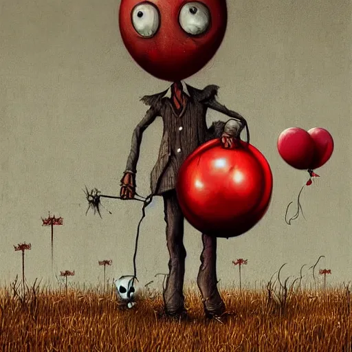 Image similar to surrealism grunge cartoon sketch of a scarecrow with a wide smile and a red balloon by - michael karcz, loony toons style, horror theme, detailed, elegant, intricate