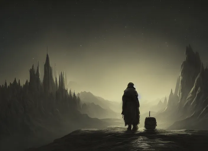 Image similar to a lone traveler, dark muted colors, intricate details, clean, epic lights, renaissance, wide view, landscape, colorful, trending on artstation