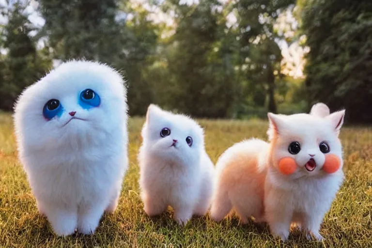 Image similar to real life pokemons, cute!!!, content!!!, mischievous!!!, adorable!!!, little furballs, fluffy!!!, ultra realistic!!!, golden hour, sharp focus