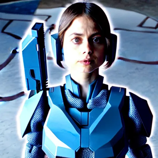 Image similar to film still of !!Willa Holland!! as !!!!!pale blue-skinned!!!!! !!!!!Cortana!!!!!, as in Halo 4, in a new Halo movie, 4k