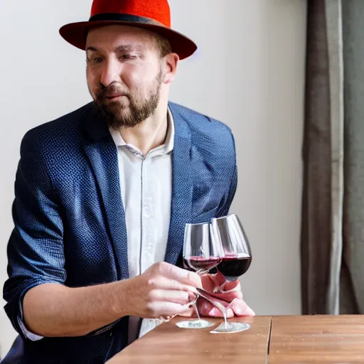 Prompt: a man placing a glass of wine on a table while taking off his hat with his other hand