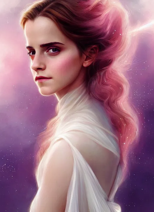 Image similar to emma watson as nature magic celestial, long hair, pink and white, transparent cloth, space, D&D, shiny background, intricate, elegant, highly detailed, digital painting, artstation, concept art, smooth, sharp focus, illustration, artgerm, bouguereau