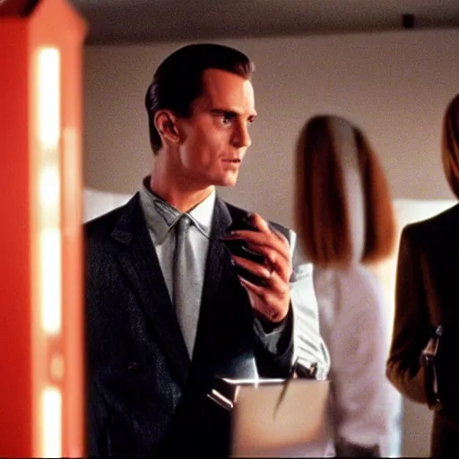 Image similar to Alicia Vikander and Patrick Bateman in American Psycho (1999)