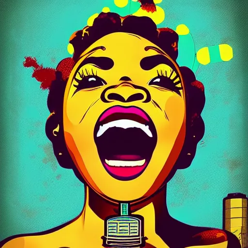 Image similar to mama africa laugh at her child!!! pop art, pixel, bioshock, gta chinatown, artgerm, richard hamilton, mimmo rottela, julian opie, aya takano, intricate, sharp focus, concept art, smooth