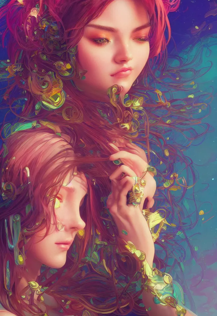 Image similar to beautiful, young woman, detailed gorgeous face, vaporwave aesthetic, synthwave, colorful, psychedelic, artstation, concept art, smooth, extremely sharp detail, finely tuned detail, ultra high definition, 8 k, unreal engine 5, ultra sharp focus, illustration, art by artgerm, greg rutkowski and alphonse mucha