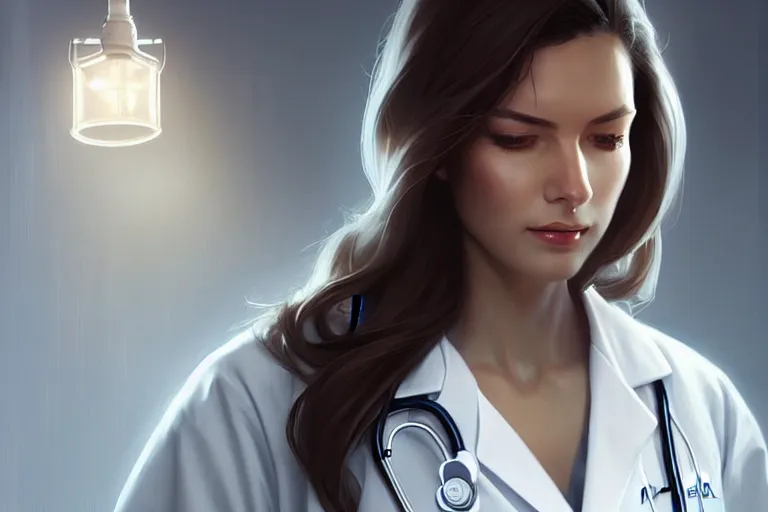 Image similar to a elegant and beautiful female doctor in a white coat in a clinic, cinematic, highly detailed, digital painting, artstation, concept art, matte, sharp focus, illustration, art by artgerm and greg rutkowski