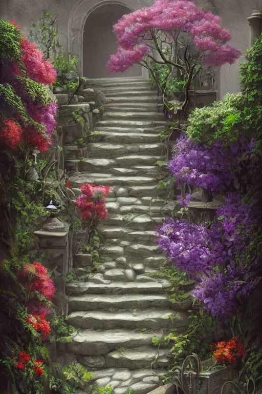 Prompt: matte sharp ainting of stone steps fantasy leading do a fantasy door opening flowers, roots roots along the steps, artstation behance by emilia dziubak, will terry, greg olsen, chris mars, ann long, and mark brooks, lisa frankdramatic, neo classical architecture, colorful