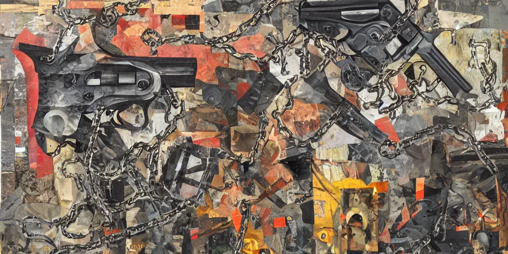 Prompt: guns and chain, collage, acrylic on canvas, expressionism movement, breathtaking detailed, by blake neubert