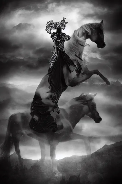 Image similar to self - transforming machine - elf riding horse and holding chalice in the style of nordic noir television, dmt fractal, moody photography, grayscale, double exposure, knight of cups, etteilla tarot