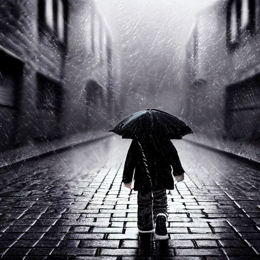 Prompt: A small child wearing black shoes and a rain coat obscuring his face walking alone in a dark alley,it is raining heavily, scary atmosphere,gloomy lighting, digital art , highly detailed , high contrast, beautiful lighting, award winning , trending on art station, 8k, photo realistic