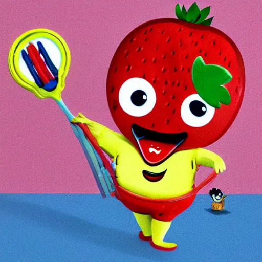 Prompt: a cute strawberry character with two front teeth, holding a yellow toothbrush, in the style of richard scarry