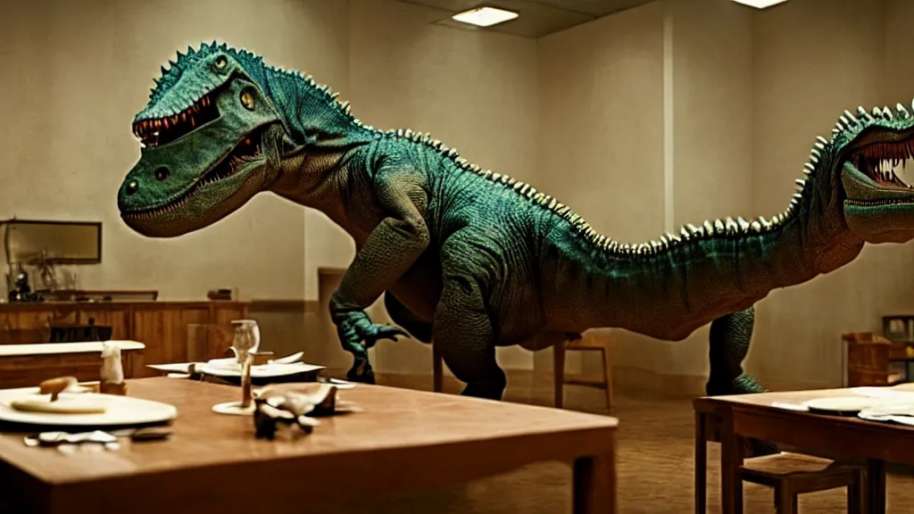 Image similar to the strange dinosaur sits at a table, film still from the movie directed by Denis Villeneuve with art direction by Salvador Dalí, long lens, shallow depth of field