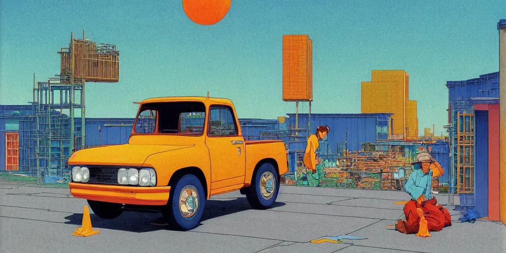 Prompt: a little blue truck with a construction site in the background, acid and dreaming psychedelic hallucinations, by kawase hasui, moebius and edward hopper, colorful flat surreal design, hd, 8 k, artstation