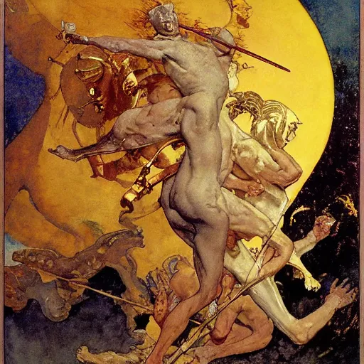 Image similar to Tragic Portrait of Phaethon the Demigod losing control of the chariot chariot that is the sun careening through the zodiac filled stratosphere norman rockwell guillem h. poniluppi howard pyle Ilya Repin Michelangelo Buonarotti Leonardo Da Vinci rodin greg rutkowski james gurney tombow masterpiece fresco quadratura Trompe-lœil