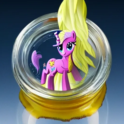 Image similar to a my little pony figure in a jar covered in a mysterious sticky yellowish fluid