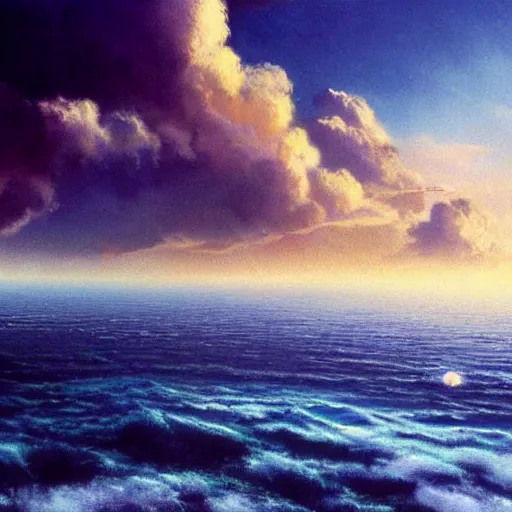 Prompt: beautiful matte painting of a dreamy ocean with clouds, sci - fi, daylight, blue sky, cinematic lighting, cinematic perspective, syd mead, john harris,