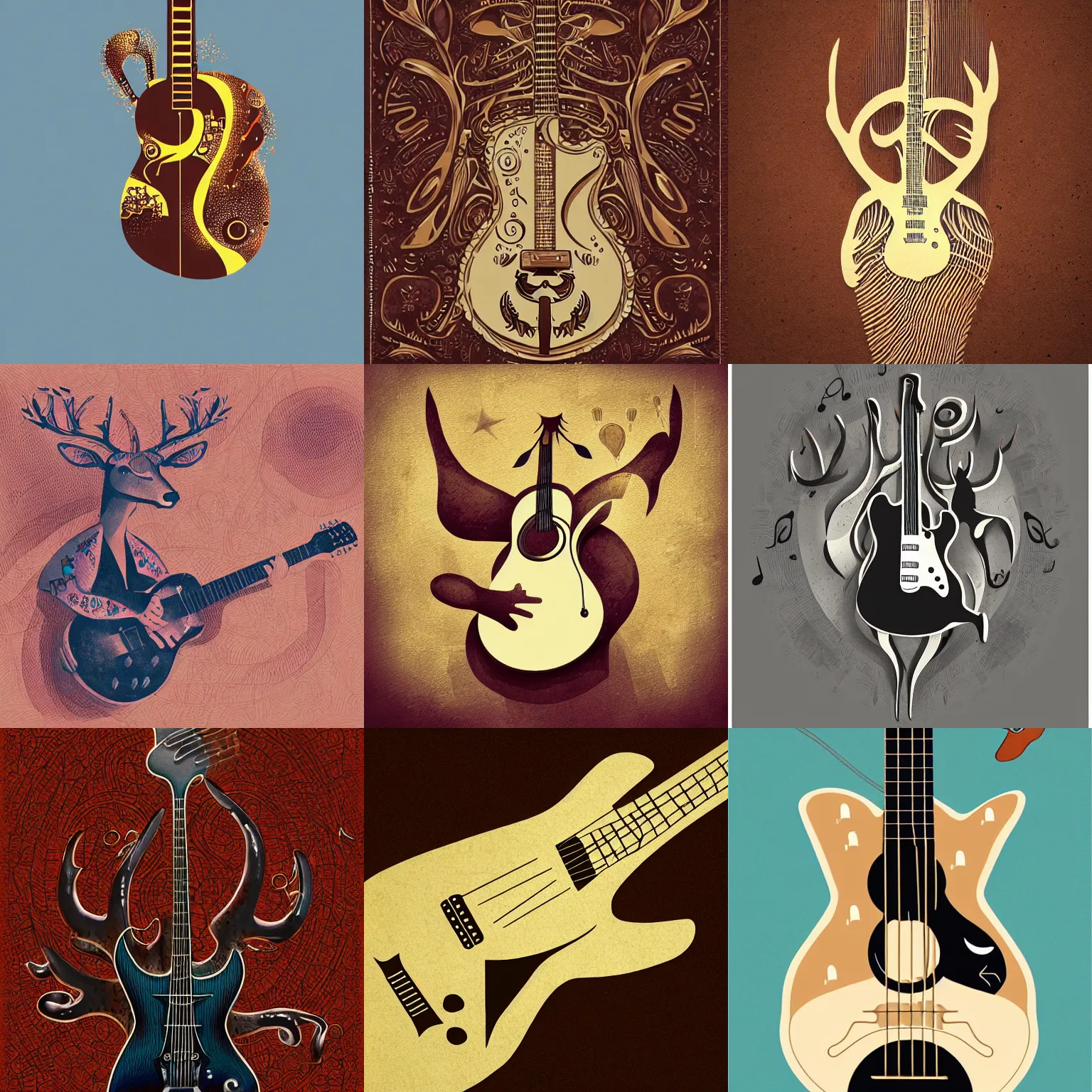 Prompt: , guitar in the shape of a deer, romantic, warm, musical notes, detailed, realistic, in the style of petros afshar