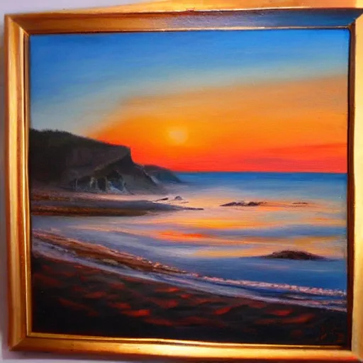 Prompt: sunset over a wooden cabin on the coast, sea, oil painting