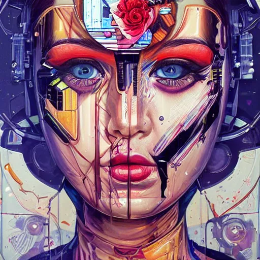 Prompt: portrait of female android by ((Sandra Chevrier)) and Dan Mumford