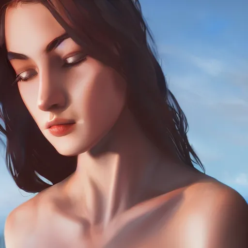 Image similar to a beautiful woman with dark hair american skin city landscape, 4k, artstation