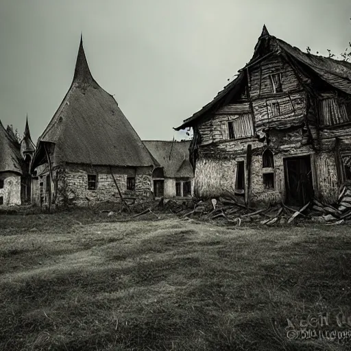 Prompt: Empty damaged old Transylvania village during an eerie night, Keith Thompson, horror, old village, Transylvania