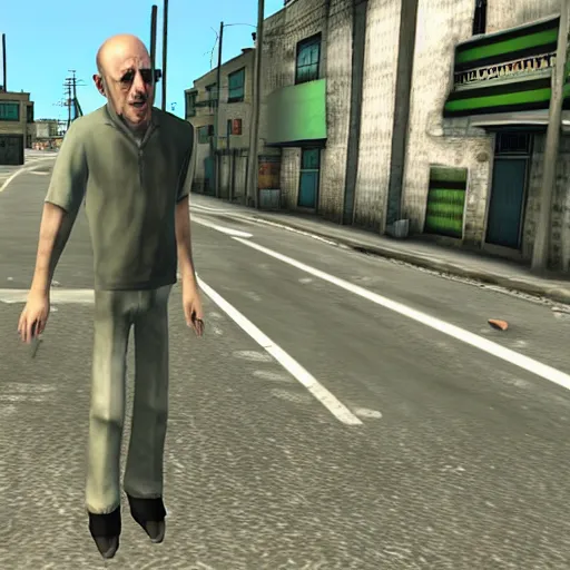 Prompt: Mike Ehrmantraut in Grove Street, screenshot from the PS2 version of GTA San Andreas