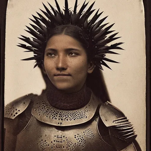 Prompt: head and shoulders portrait of a female knight, quechua!, lorica segmentata, cuirass, tonalist, symbolist, realistic, ambrotype, baroque, gorget, detailed, modeled lighting, vignetting, indigo and venetian red, angular, smiling, thorns