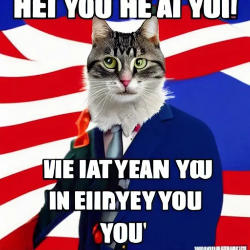 Image similar to cat in red white & blue suit in miliatry recruitment poster we want you