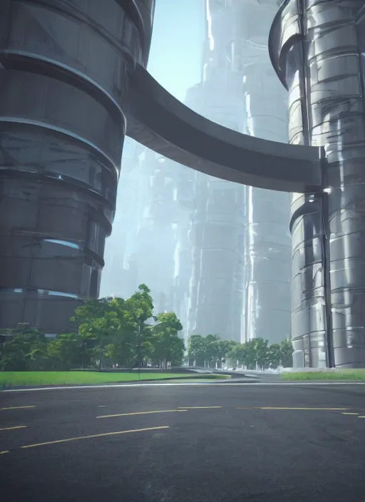 Image similar to highly detailed photo of a high tech futuristic tall stele standing on the road ring made in unreal engine 4