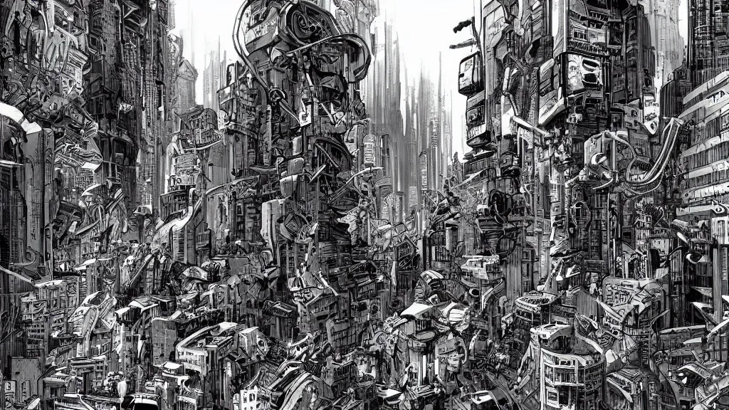 Image similar to a war in cyberpunk city, a clean line drawing, sketching, art by kim jung gi, karl kopinski,