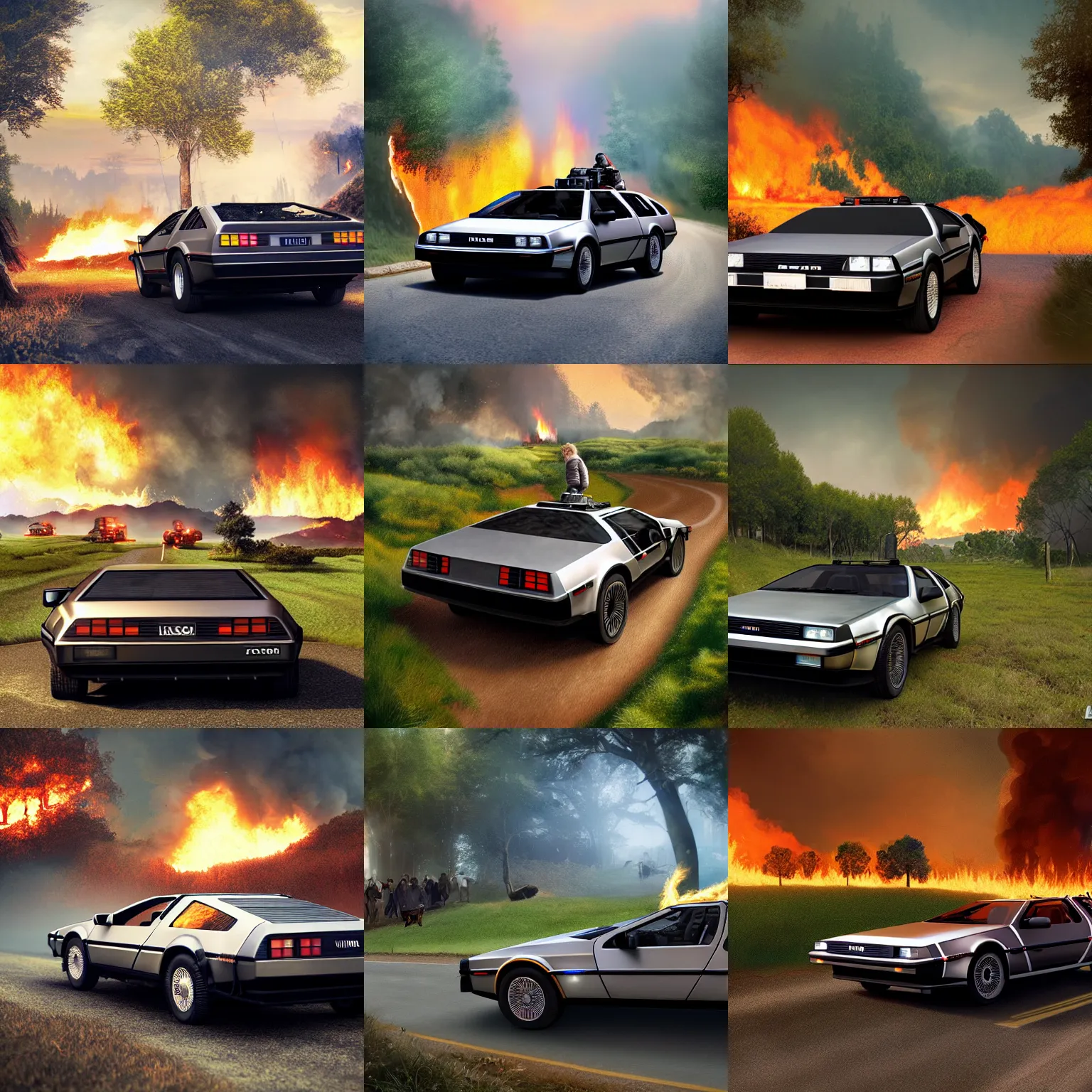 Prompt: A Delorean driving through the Shire, fire behind the back tires, suspicious hobbits looking on, digital art, amazing composition, trending on artstation