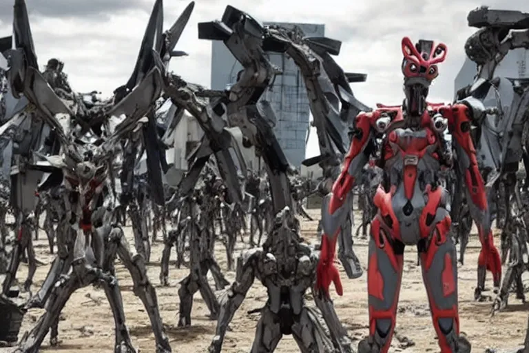 Image similar to evangelion unit 0 1 in a still from the movie district 9 ( 2 0 0 9 ) directed, by neill blomkamp