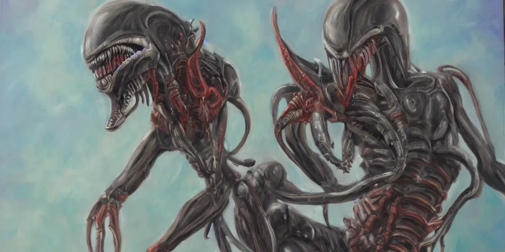 Prompt: pet xenomorph playing fetch character study oil paint on canvas