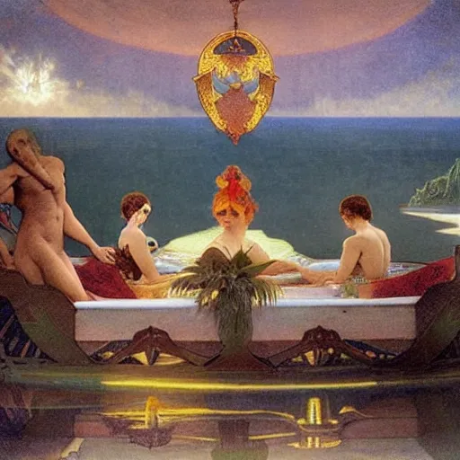 Image similar to Floating palace, moon reflecting on the water, thunderstorm, greek pool, beach and Tropical vegetation on the background major arcana sky, by paul delaroche, alphonse mucha and arnold böcklin, hyperrealistic 8k, award-winning, very very very detailed