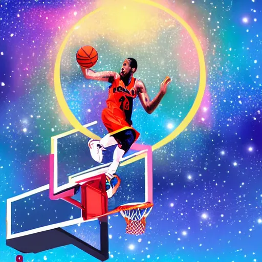Image similar to A basketball player performing a slam dunk in the galaxy, digital art