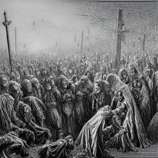 Image similar to 9 steel barrels in a cemetery of zombies, creepy atmosphere, dark, portrait, realistic, illustration by gustave dore