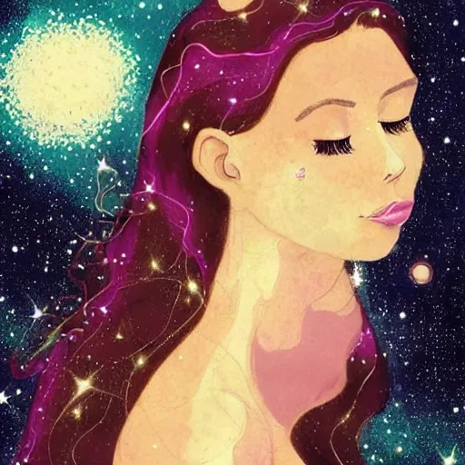 Prompt: Very very beautiful and sad woman on the edge of the universe