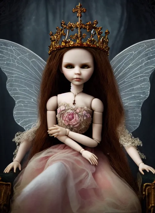 Image similar to highly detailed closeup, simple doll hands, portrait of a gothic fairy princess wearing a crown and sitting on a throne, unreal engine, nicoletta ceccoli, mark ryden, earl norem, lostfish, global illumination, god rays, detailed and intricate environment