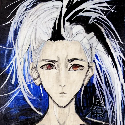 Prompt: Oil portrait with rough strokes in three quarter angle of a manga girl with white hair and black eyes wearing office suit in the style of Yoshitaka Amano drawn with expressive brush strokes and with the abstract floral black and white pattern in the background