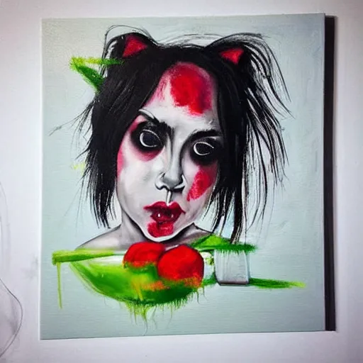 Image similar to “ a portrait in an emo piggirl ’ s apartment, sensual, a pig theme, art supplies, paint tubes, ikebana, herbs, a candle dripping white wax, black walls, squashed berries, berry juice drips, acrylic and spray paint and oilstick on canvas, surrealism, neoexpressionism ”