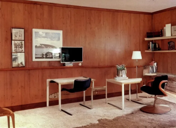 Prompt: 1 9 8 0 s living room with wood panel walls with apple iie computer in the corner on a roll - top desk and television on top