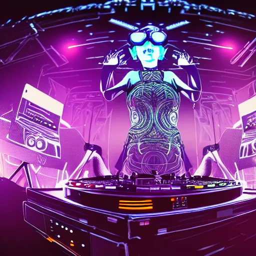 Image similar to intricate detailed artwork of a futuristic hardstyle music dj at an mainstage festival rave in the style of Sandra Pelser, VR headset, wires, speakers