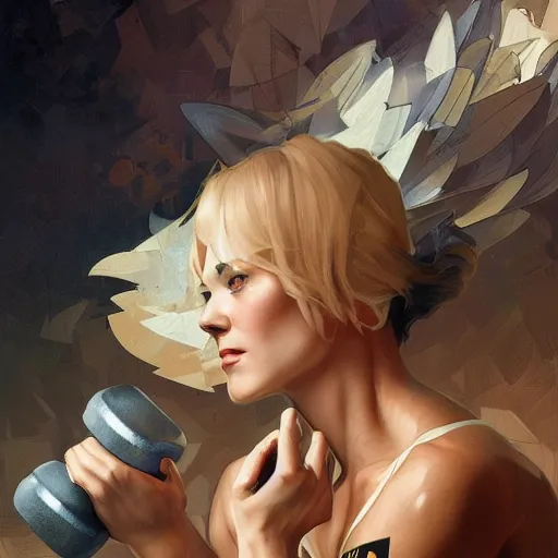 Image similar to Dumbbell, box art, highly detailed, digital painting, artstation, concept art, smooth, sharp focus, illustration, art by artgerm and greg rutkowski and alphonse mucha