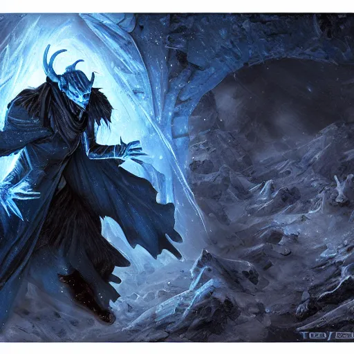 Prompt: a blue tiefling man wearing dark cloths frozen in ice and being shattering into a million pieces, action, cracked, destroyed, by Tony Sart, detailed, realistic, masterpiece, symmetrical