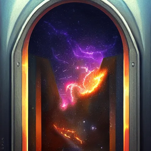 Image similar to A hyperdetailed digital oil painting of A doorway to the galaxy, Trending on ArtStation and DeviantArt